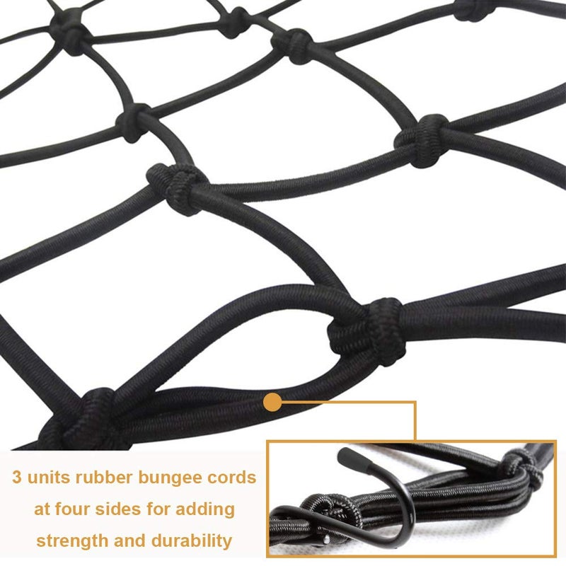 Reliancer 2 Pack of 15.7"x15.7" Bungee Cargo Net Stretches to 30"x30" Elastic Motorcycle Luggage Bungee Netting with 12 Metal Hooks Stretchable Bungee Cord Mesh Load Net Bike Paddle Board Quad Canoe Moped ATV - Image 4